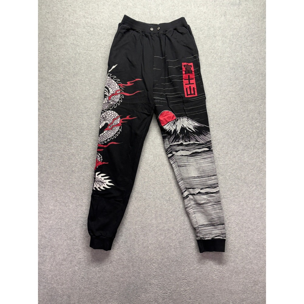 Fashion Nova Mens Black Dragon Mount Fuji Graphic Joggers Sweatpants Medium
